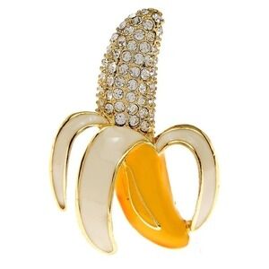 Peeled BANANA BROOCH Pin Clear Rhinestone Yellow Enamel Fruit‎ Costume Jewelry